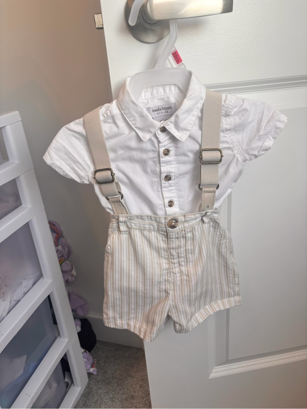bebe huggies White Button-Up Shirt with Cream Striped Suspender Shorts
